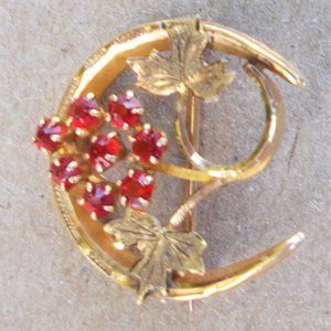 Beautiful Vintage 10K Gold Victorian Honeymoon Crescent Pin with Ruby Flower